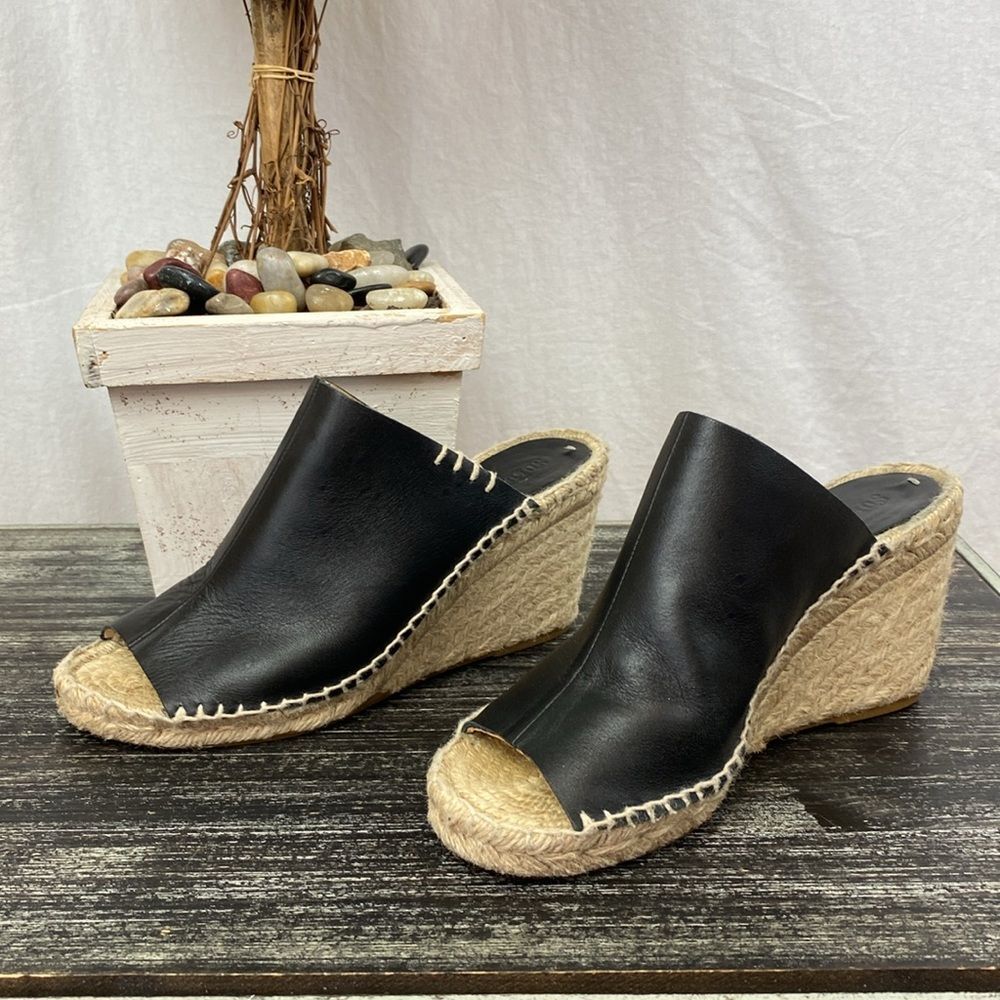 Soludos Black & Tan Leather Wedge Espadrille Heel Shoes 8